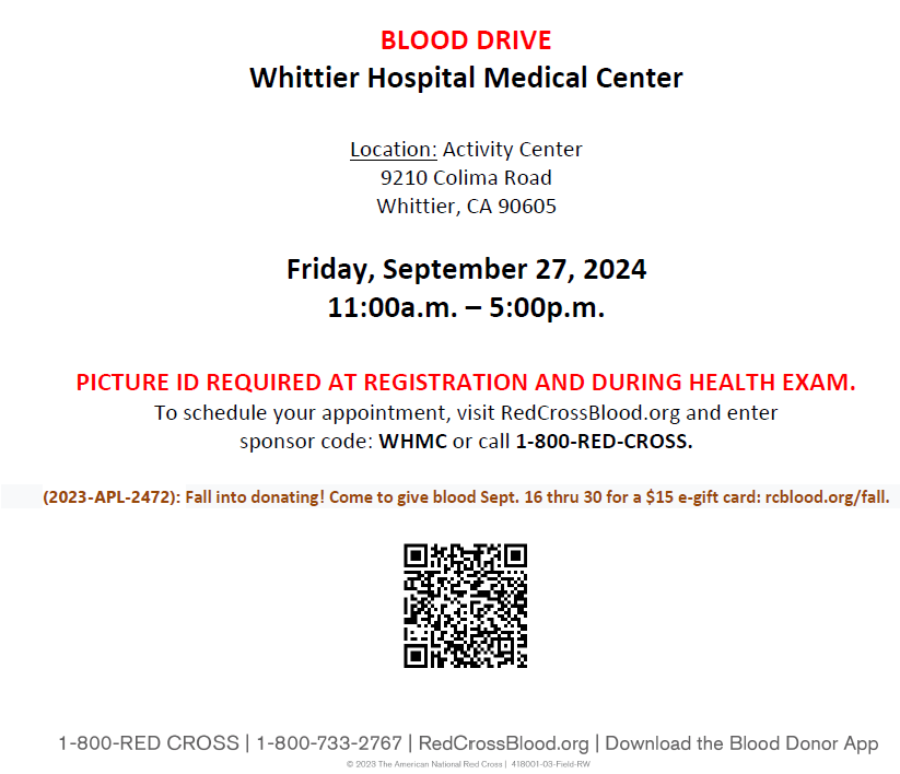 poster of blood drive to be held on 9-27-24